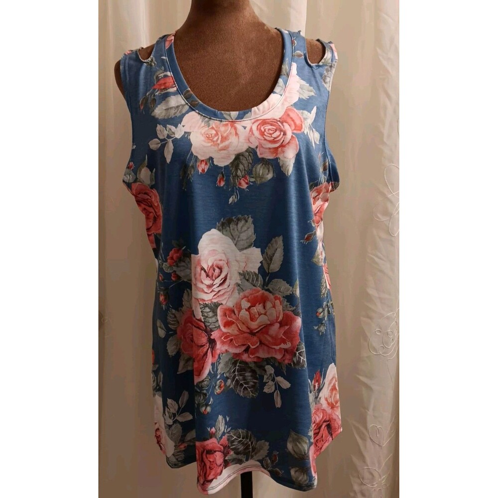 Women Large Blue Floral Cottage Core Tank Top Artsy Whimsy Casual Grandmacore